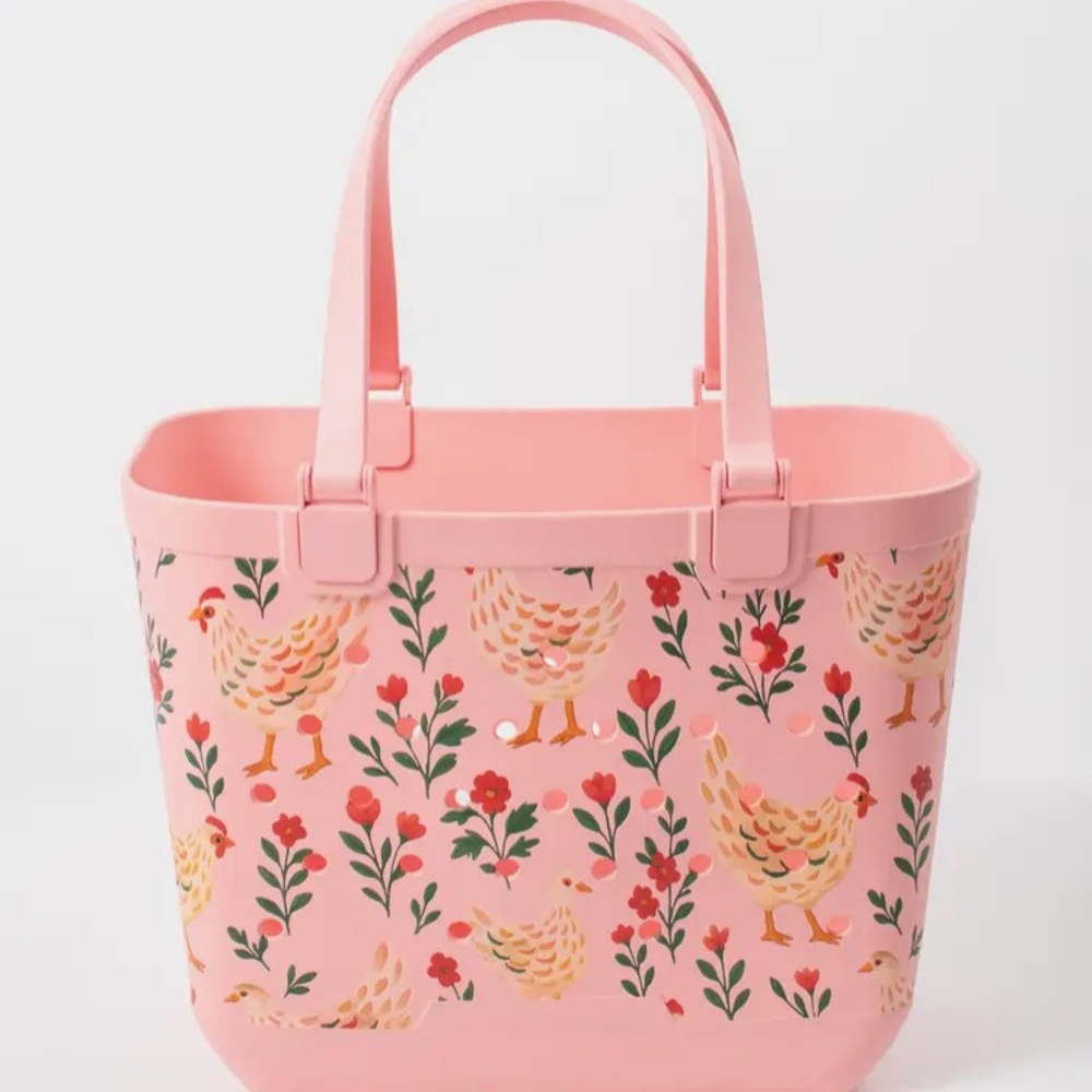 Pink Chickens and Floral Rubber Beach Tote Bogg Style Bag